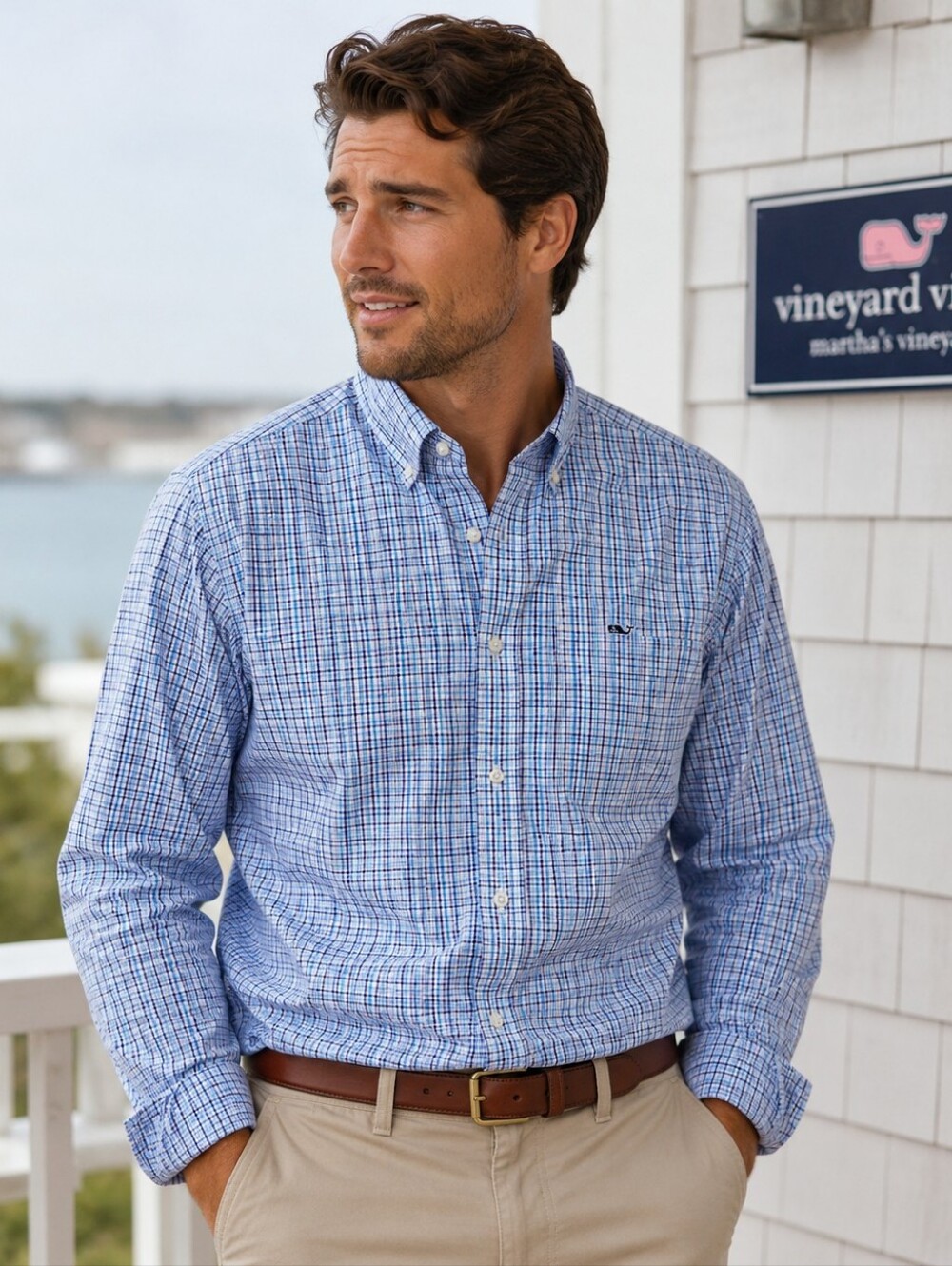 Vineyard Vines Blue Plaid Cotton Button Down Whale Shirt Men’s M